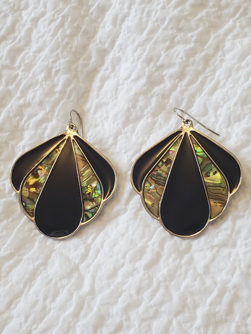 Gold-Tone Black and Iridescent Shell Inlay Drop Earrings